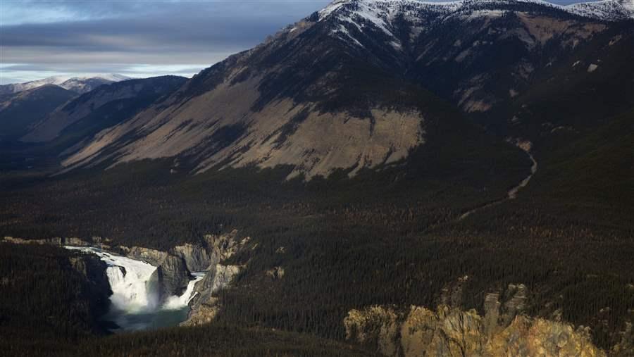 Aerial shot of Virginia Falls in the Northwest Territories